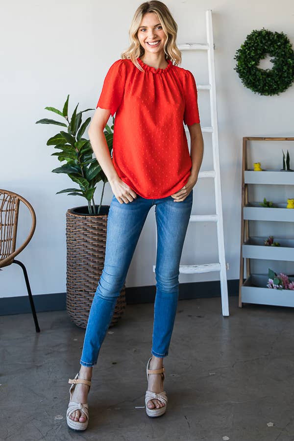 Casual Swiss Dot Blouse with Scalloped Hem