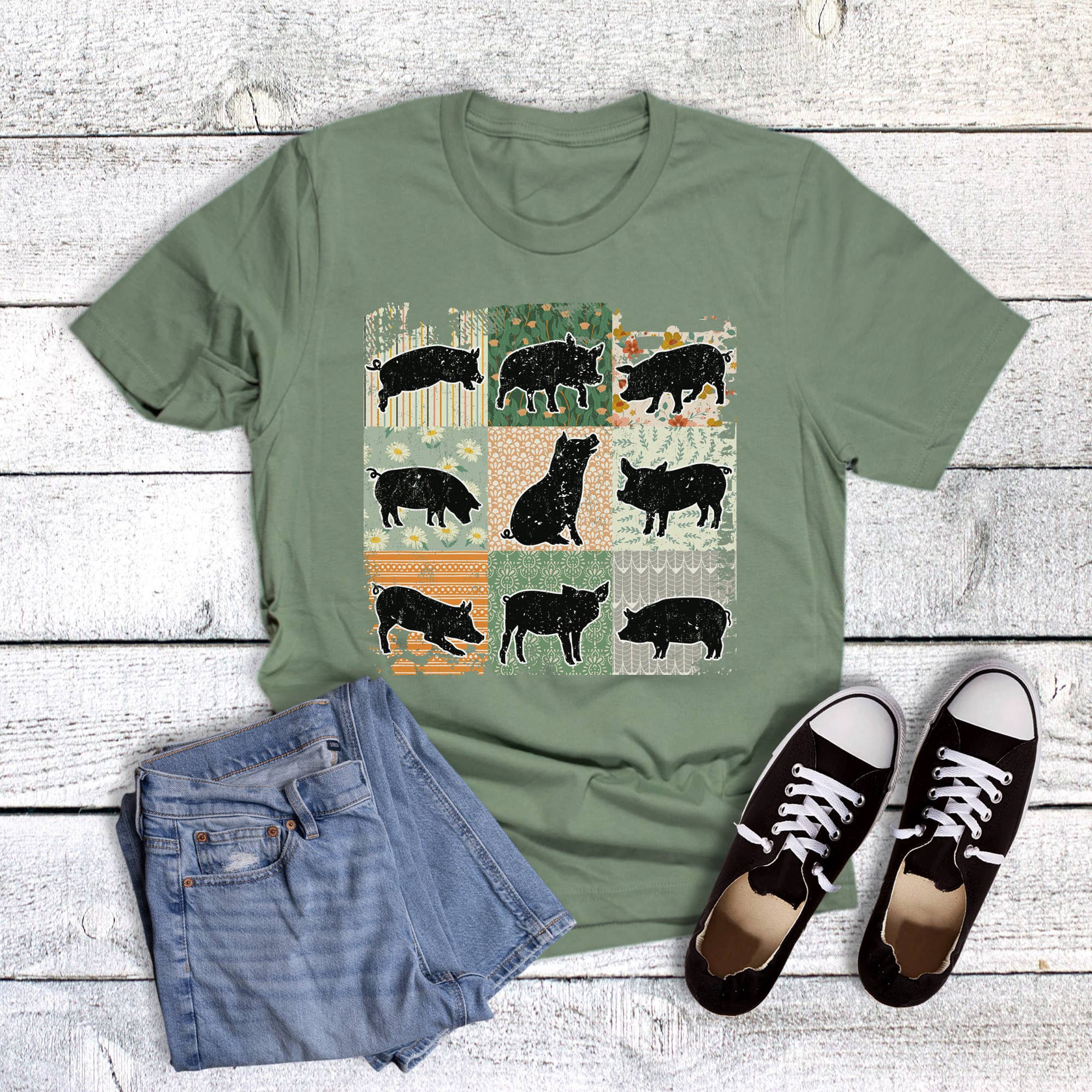 Western Boho Checkered Pigs Graphic Tee