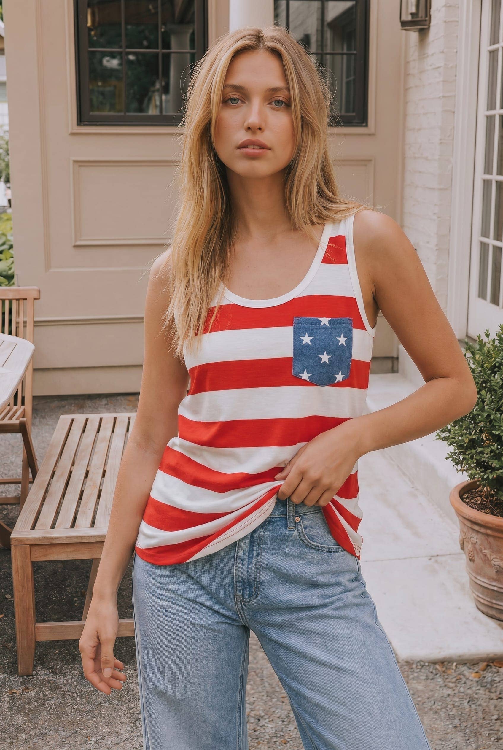USA stripe tank with star pocket & bow back