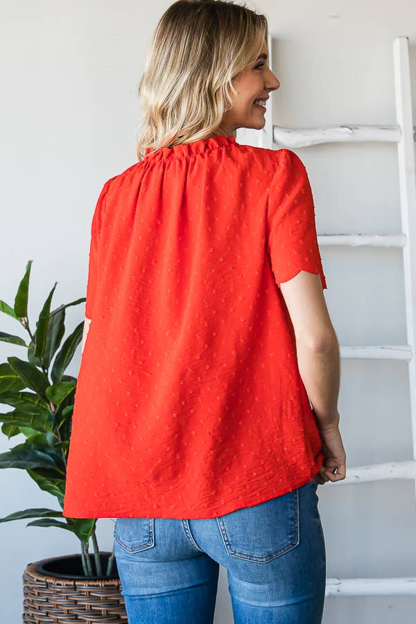 Casual Swiss Dot Blouse with Scalloped Hem