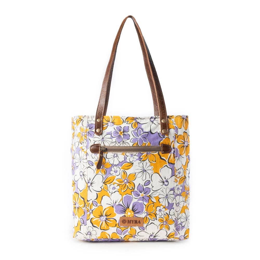 Retro Bloom upcycled canvas tote Bag for Women in yellow with leather detail