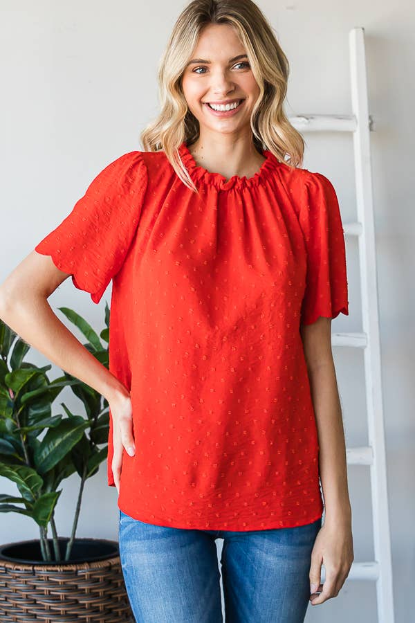 Casual Swiss Dot Blouse with Scalloped Hem