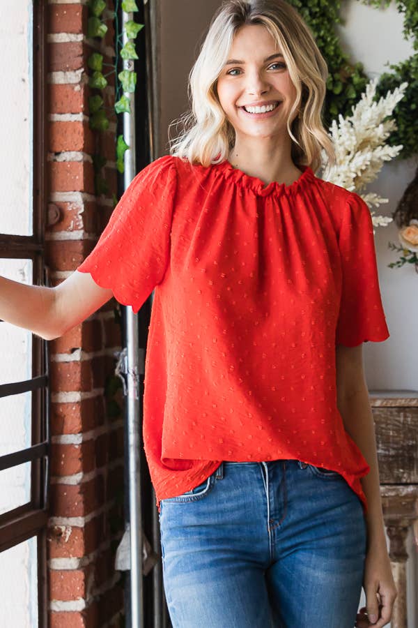Casual Swiss Dot Blouse with Scalloped Hem