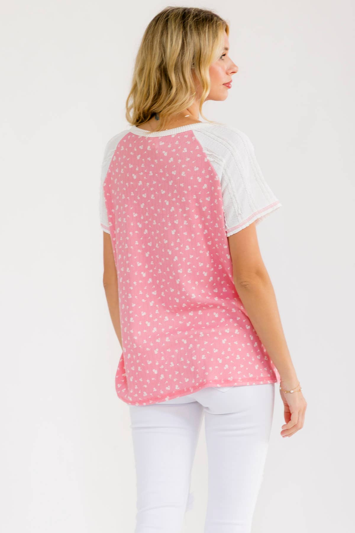 Plus Floral Contrast Sleeve Henley Top