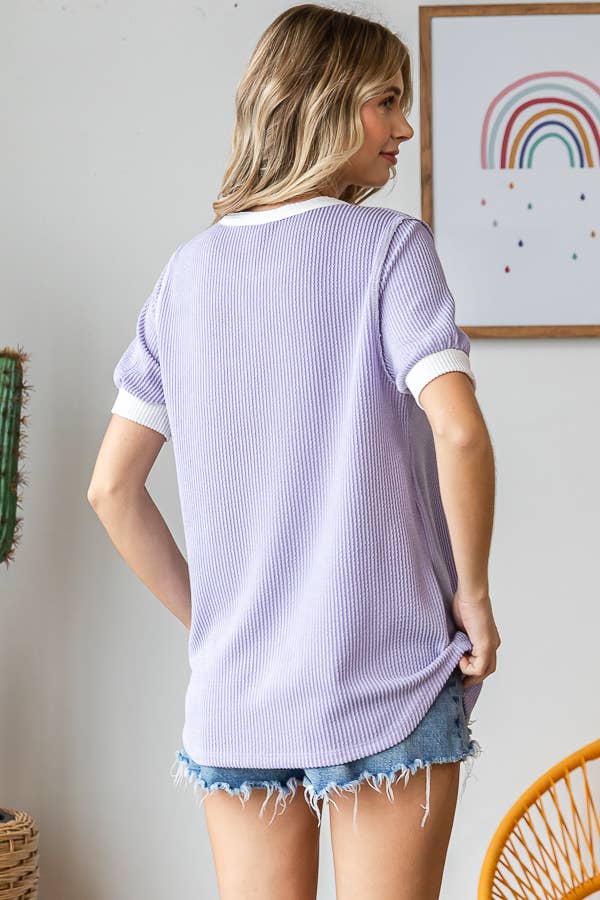 Plus Rib Button Front Short Sleeve Top