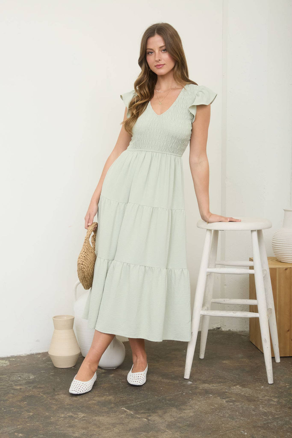 Flutter V Neck Midi Dress