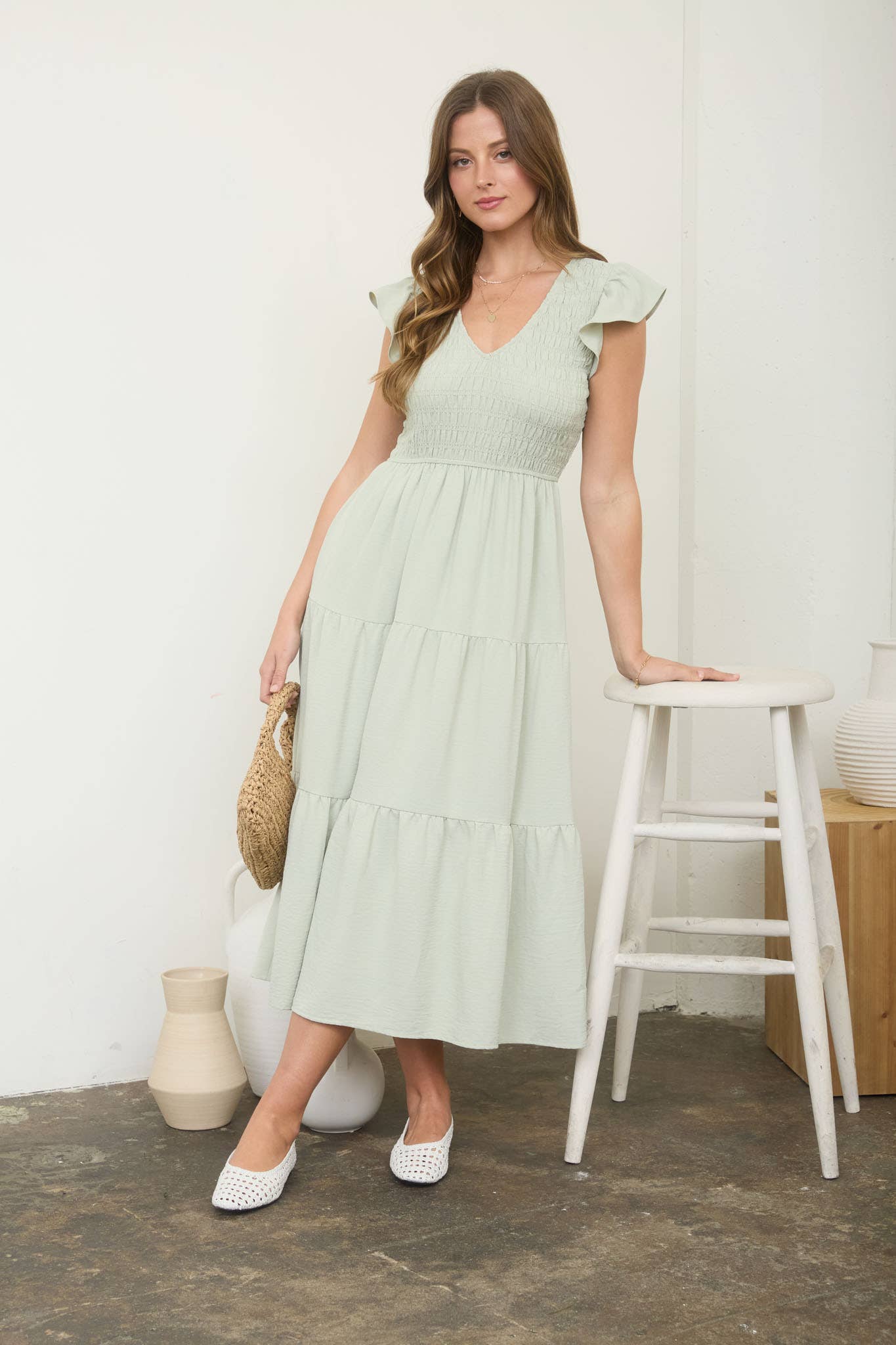 Flutter V Neck Midi Dress