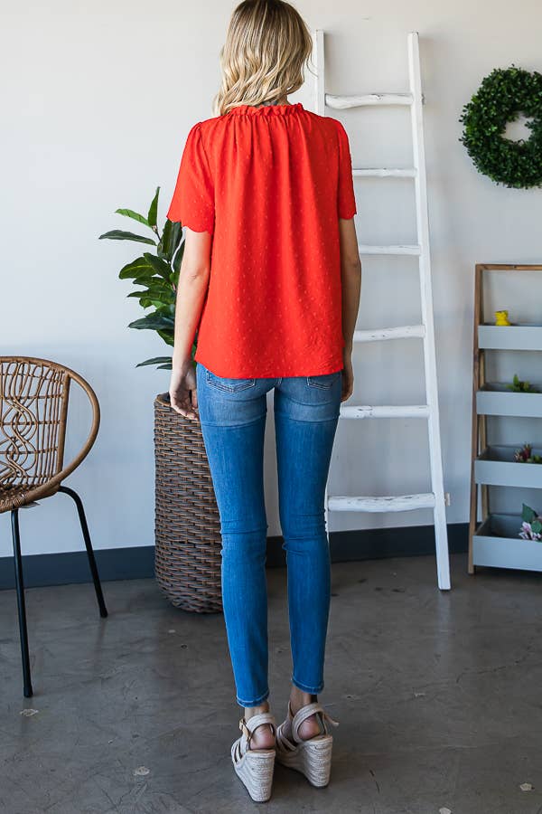 Casual Swiss Dot Blouse with Scalloped Hem