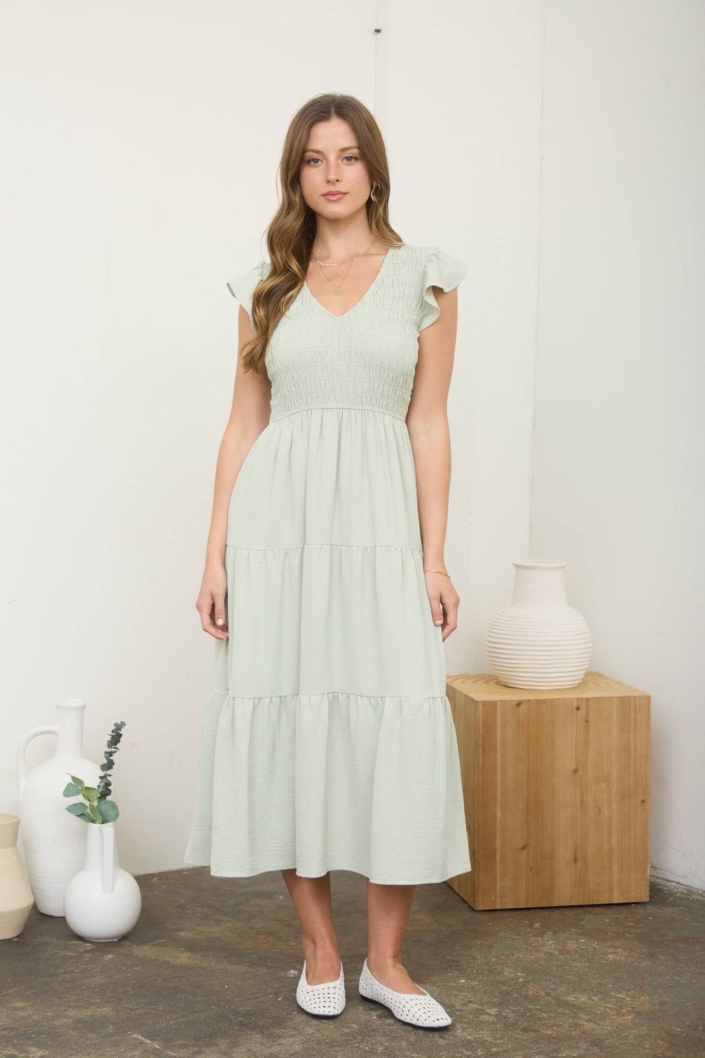 Flutter V Neck Midi Dress