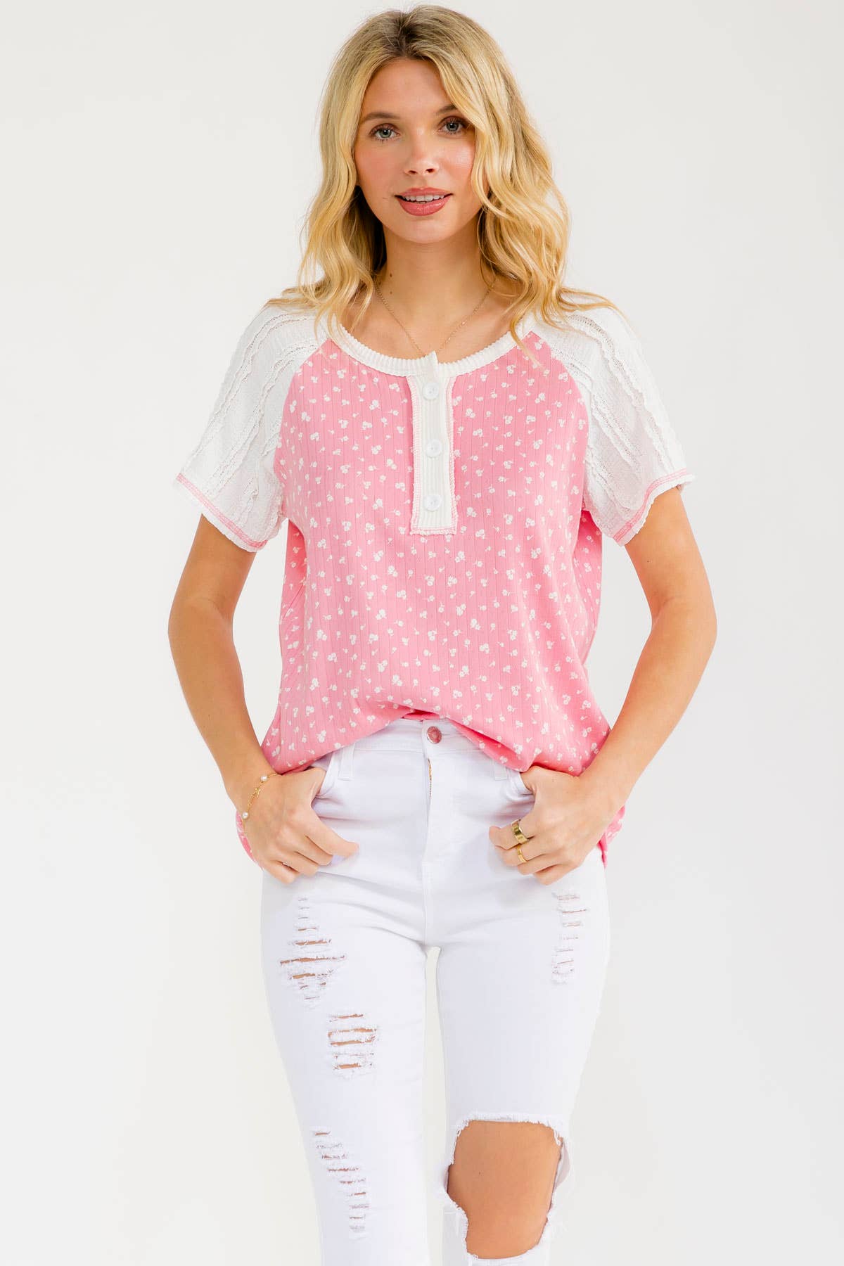 Plus Floral Contrast Sleeve Henley Top