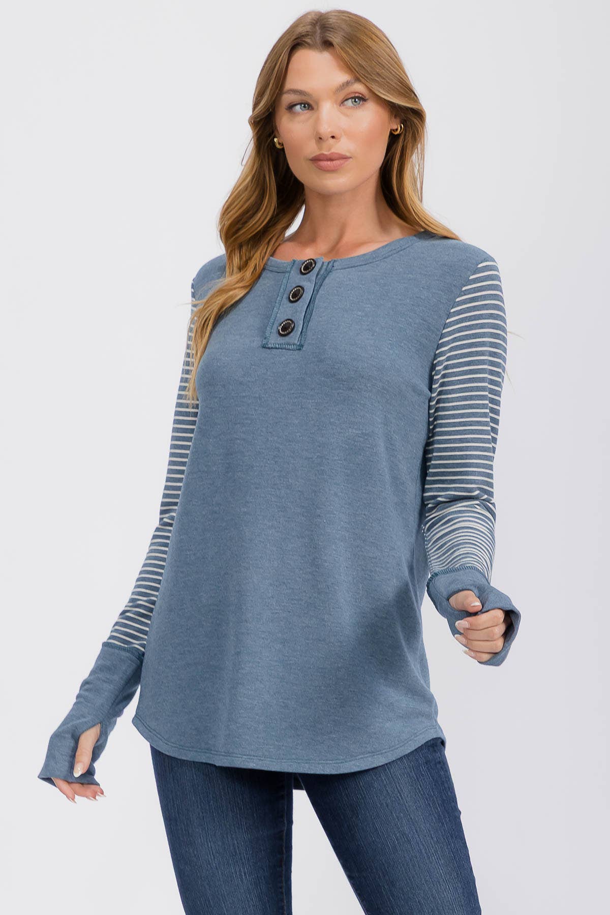 Stripe Contrast Button Front Pullover Top