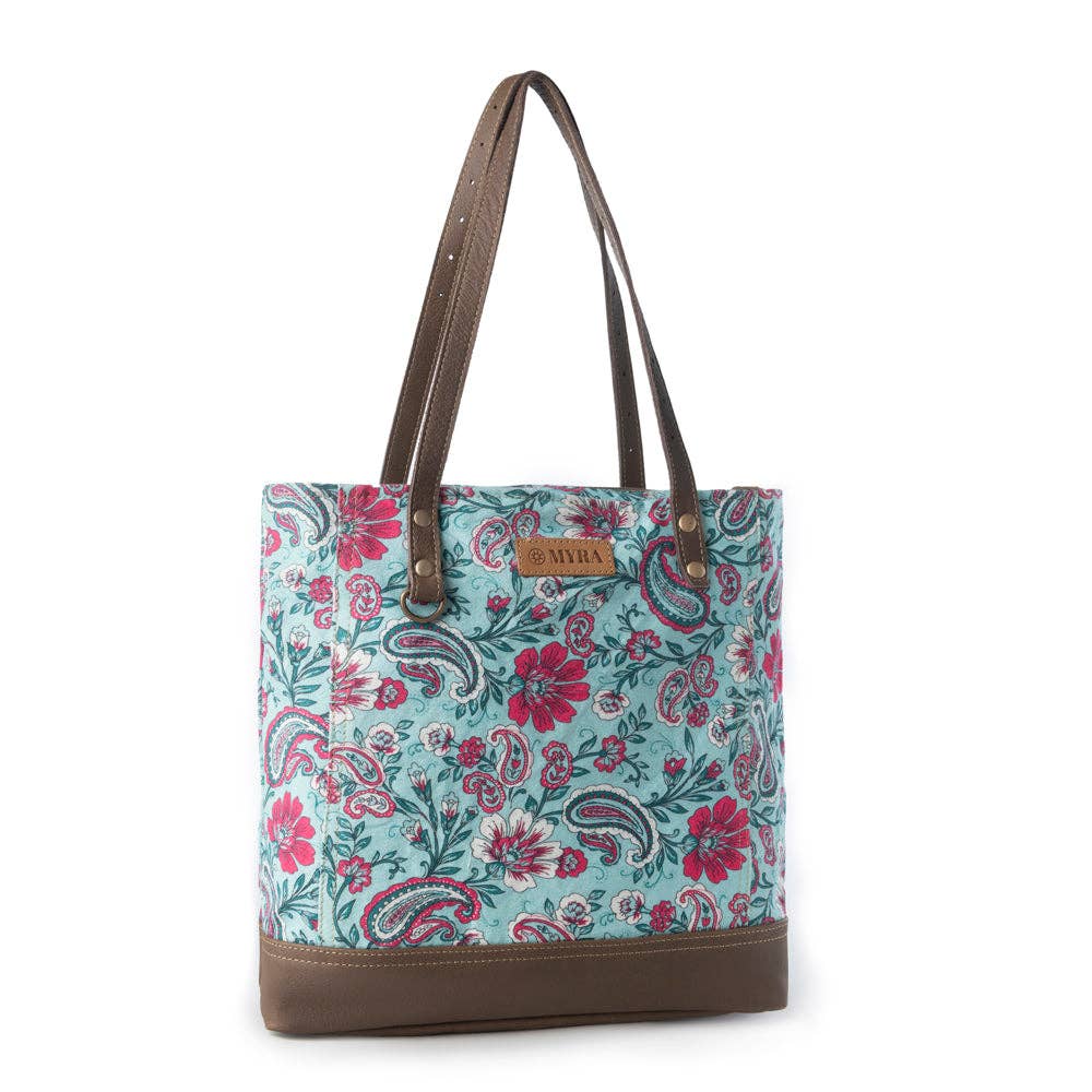 Pinkpaisley upcycled canvas Tote Bag for Women in pink with leather detail