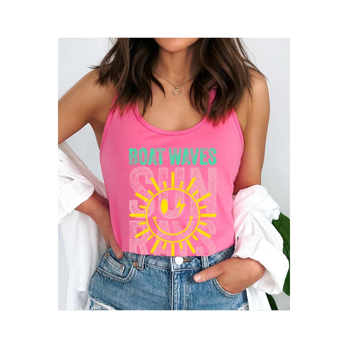 Boat Waves Sun Rays Graphic Tank Top