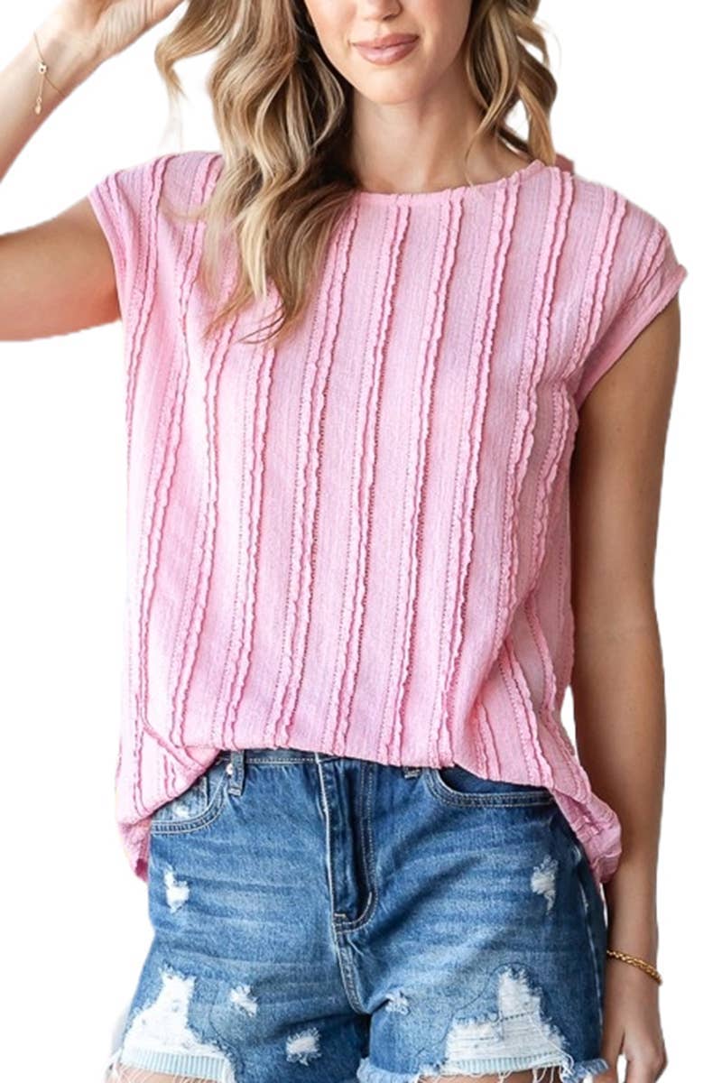 Solid Textured Cap Sleeve Pullover Blouse