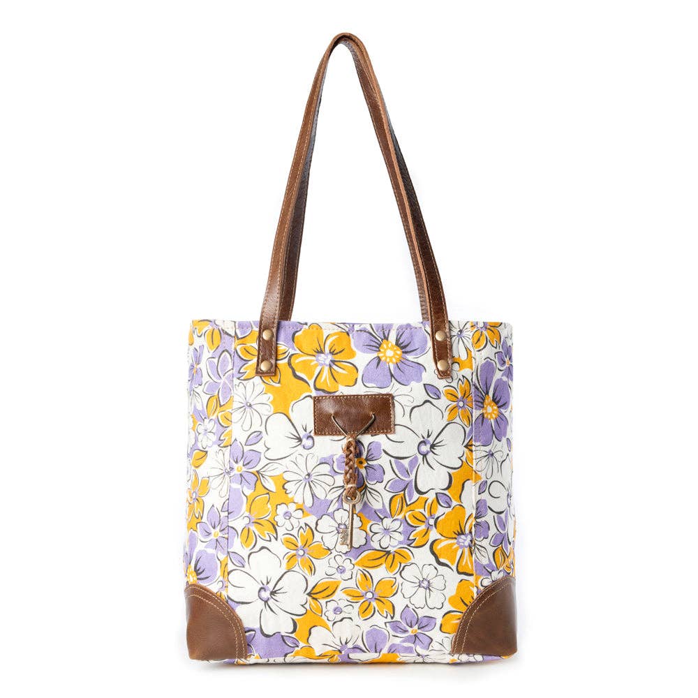 Retro Bloom upcycled canvas tote Bag for Women in yellow with leather detail