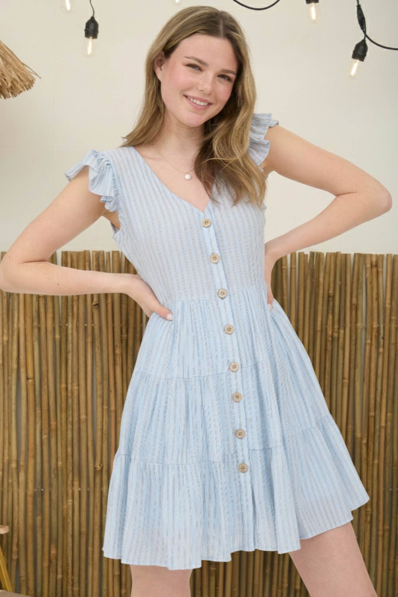 Stripe V Neck Tiered Dress