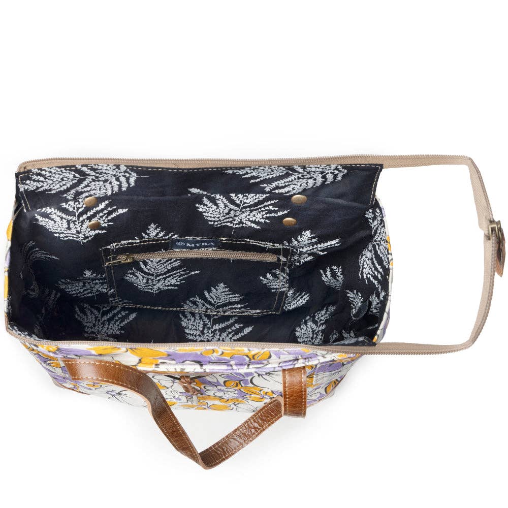 Retro Bloom upcycled canvas tote Bag for Women in yellow with leather detail