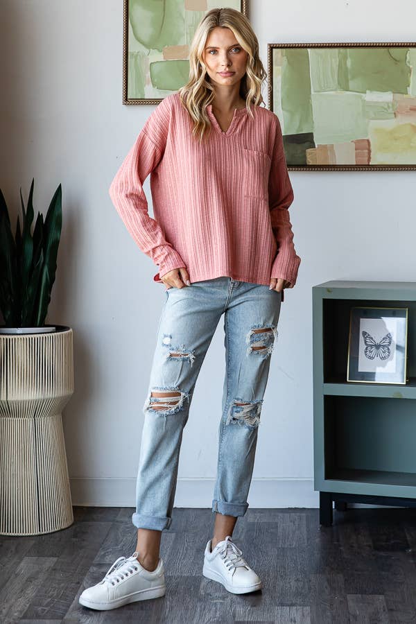 Textured V-Neck Women's Knit Top with Front Pocket