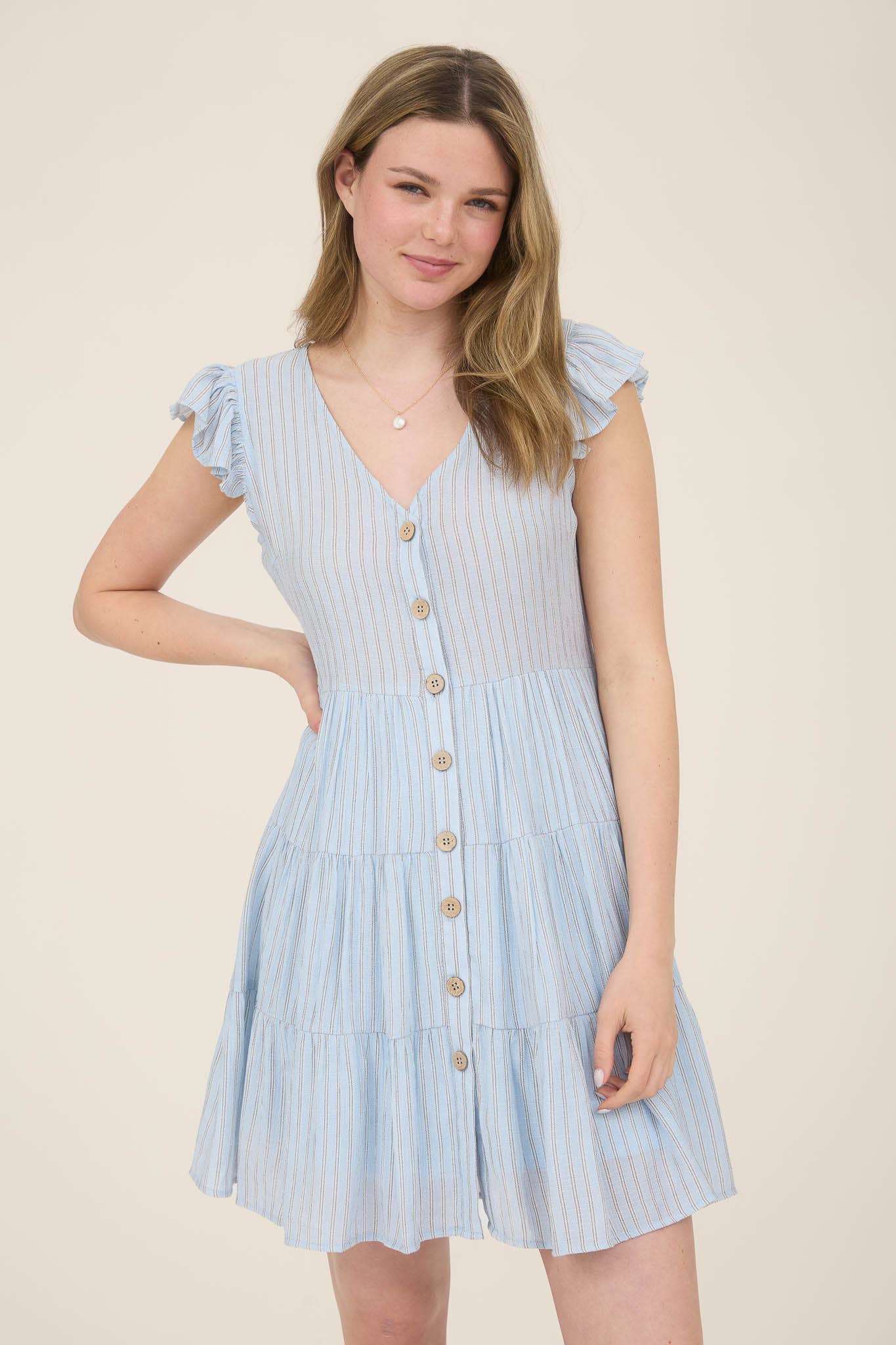 Stripe V Neck Tiered Dress