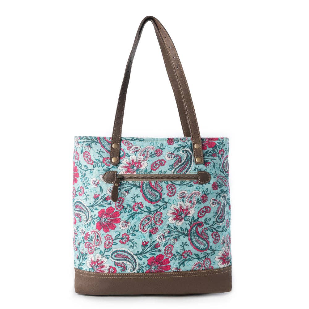 Pinkpaisley upcycled canvas Tote Bag for Women in pink with leather detail
