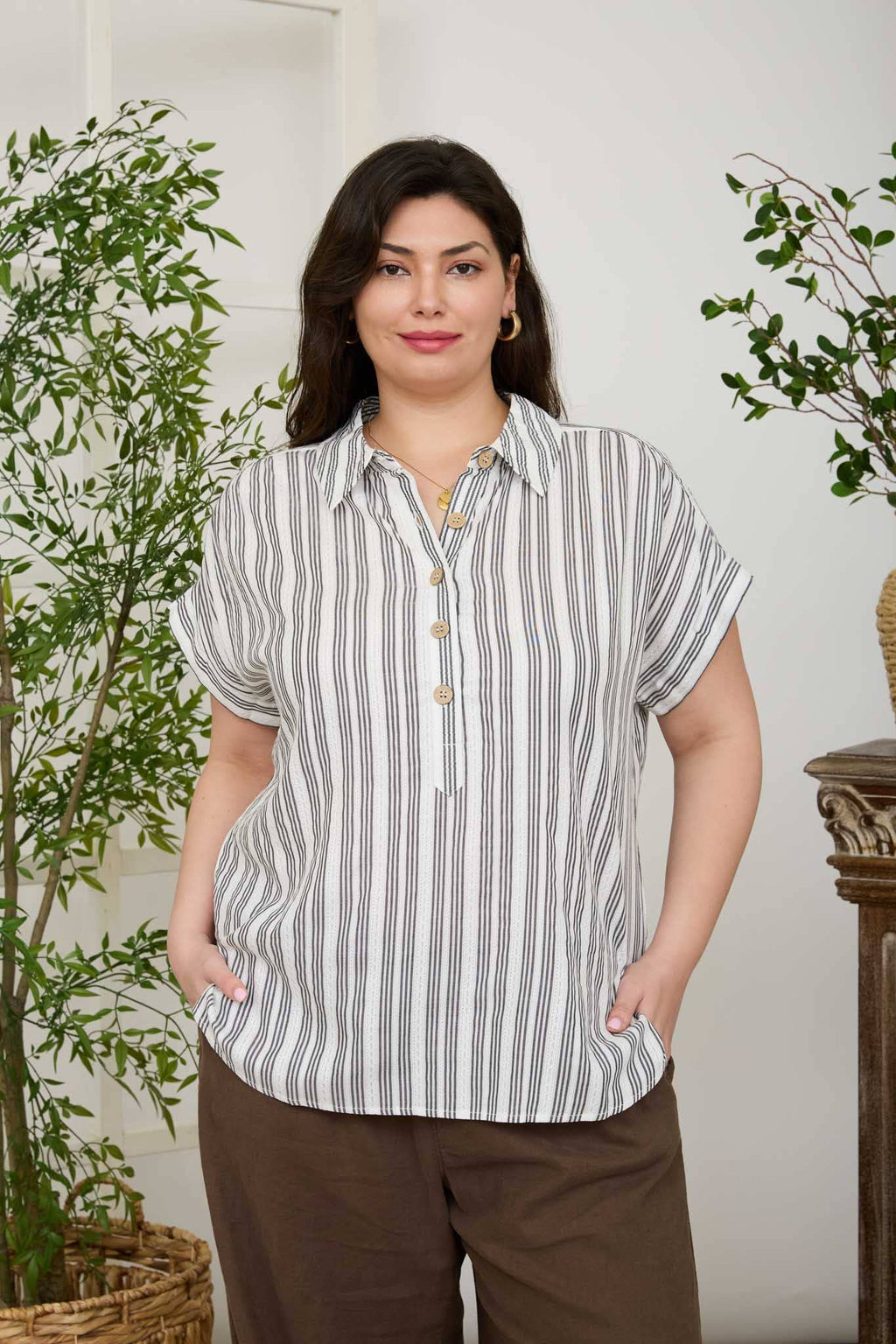 Plus Half Button Short Sleeve Top