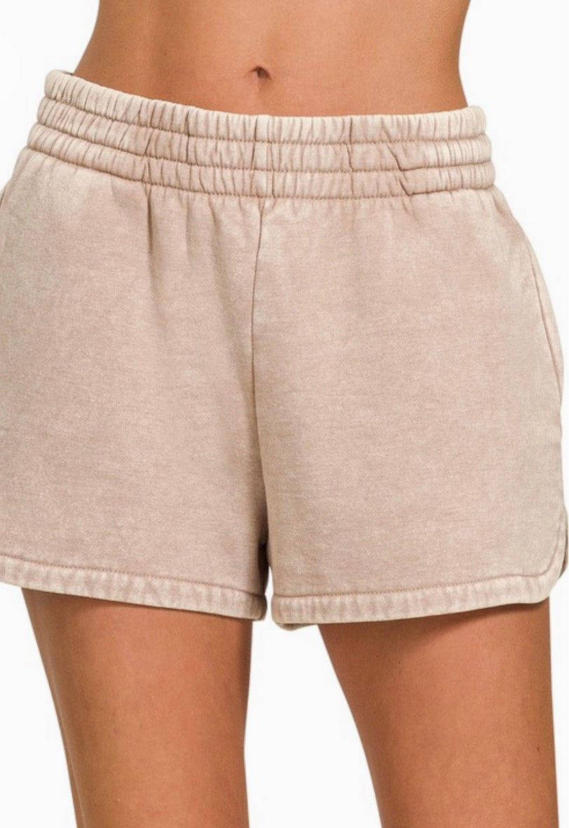 Acid Washed Elastic Waistband Shorts