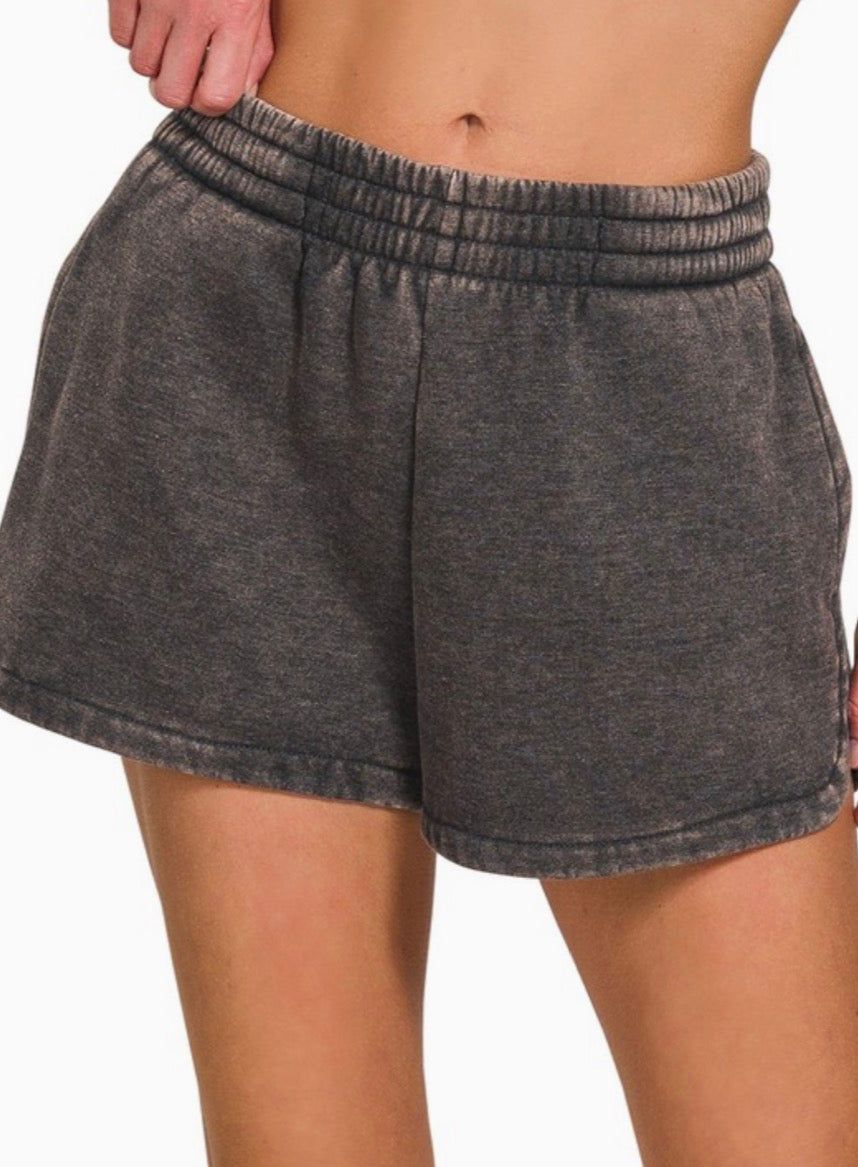 Acid Washed Elastic Waistband Shorts