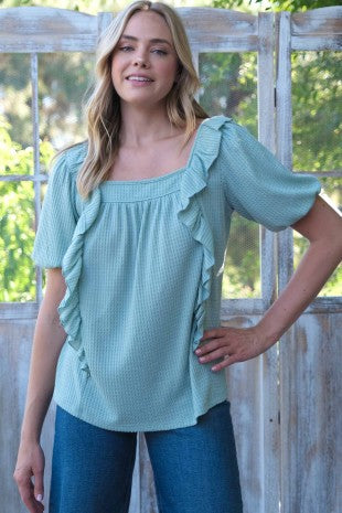 Short Sleeve Ruffle Waffle Top