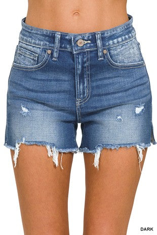 Zenana Raw Frayed Hem Side Slit Shorts