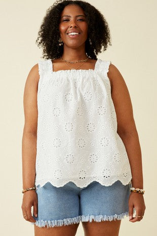 Plus Ruffled Strap Floral Eyelet Scallop Tank Top