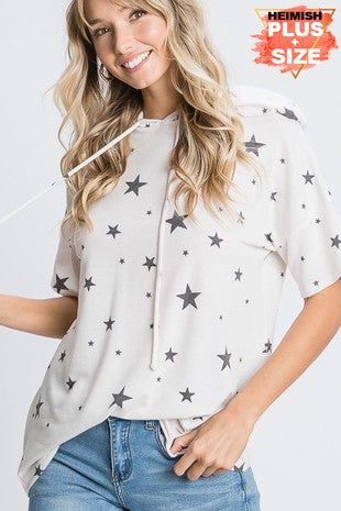 Plus Short Sleeve Star Hooded Top