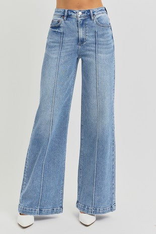 Risen high waist wide leg pintuck detailed jeans