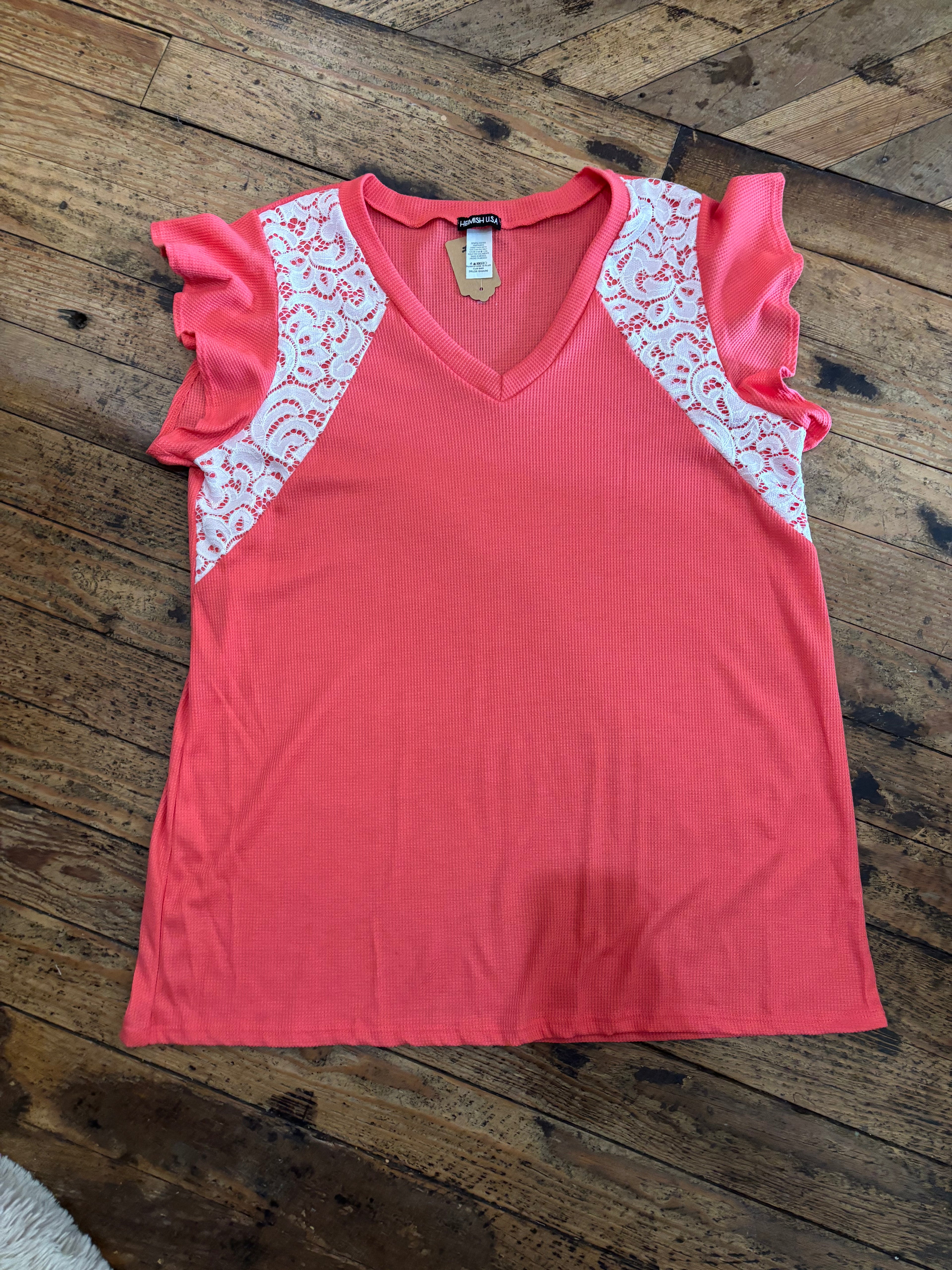 Plus Ruffled Short Sleeve Solid Top With Lace
