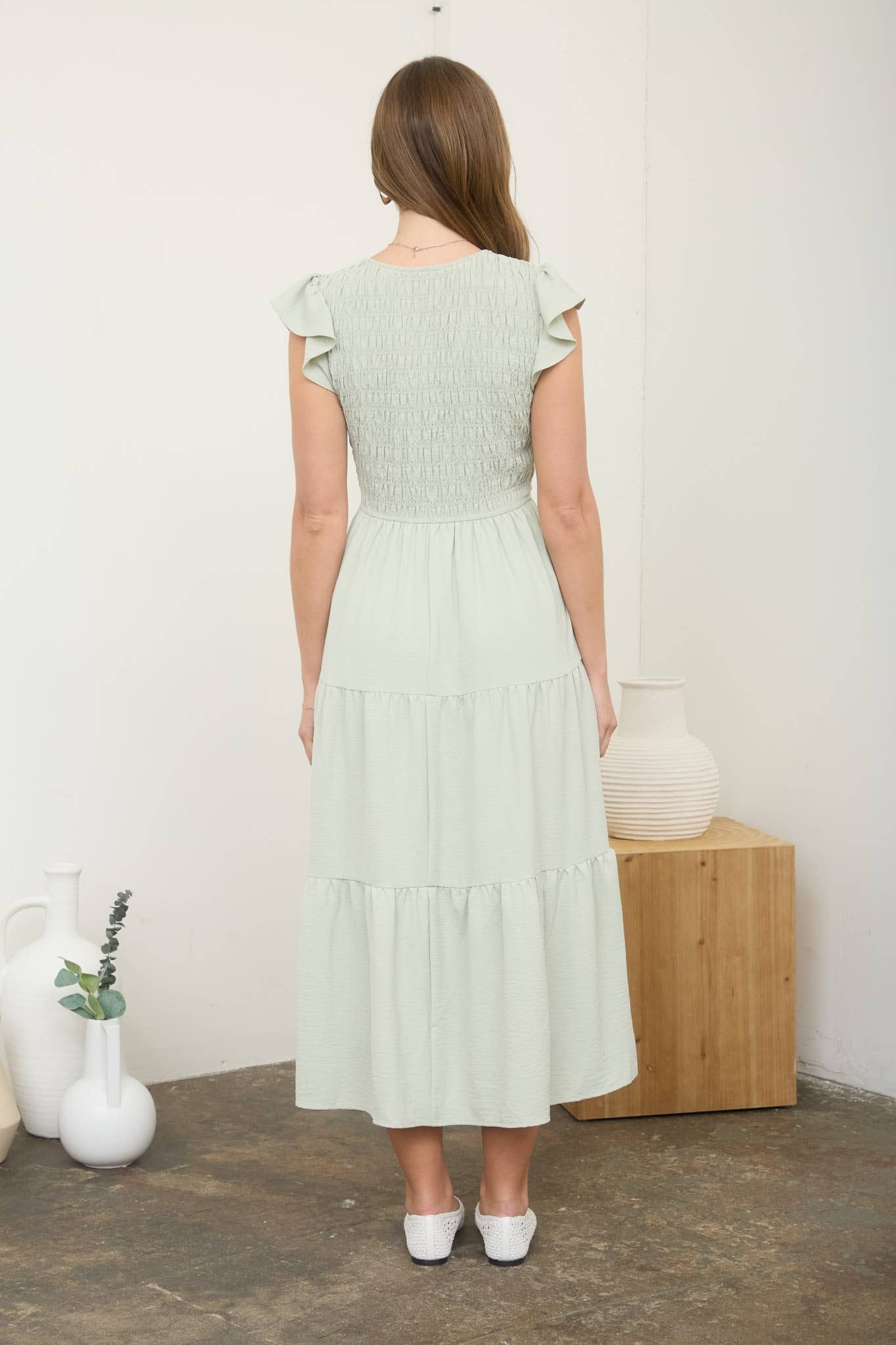 Flutter V Neck Midi Dress