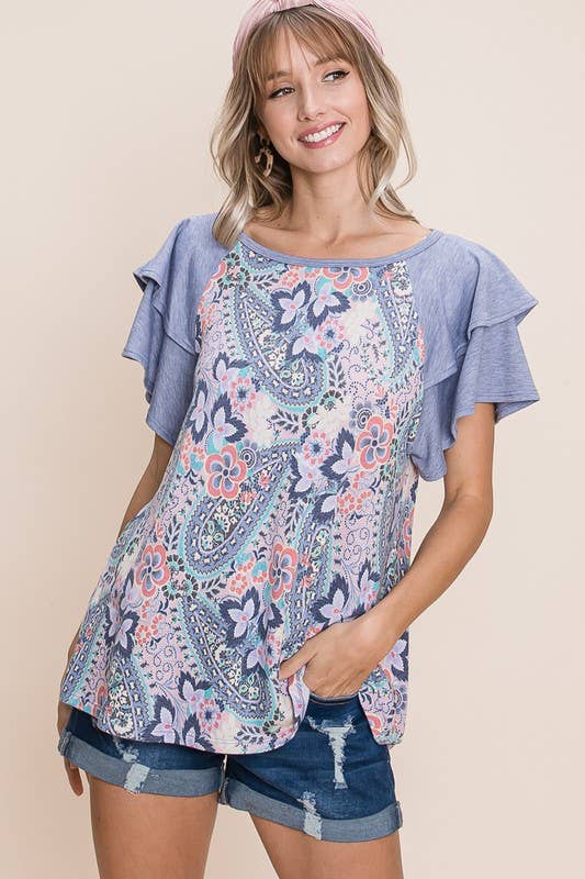 Floral Paisley Ruffle Sleeve Top
