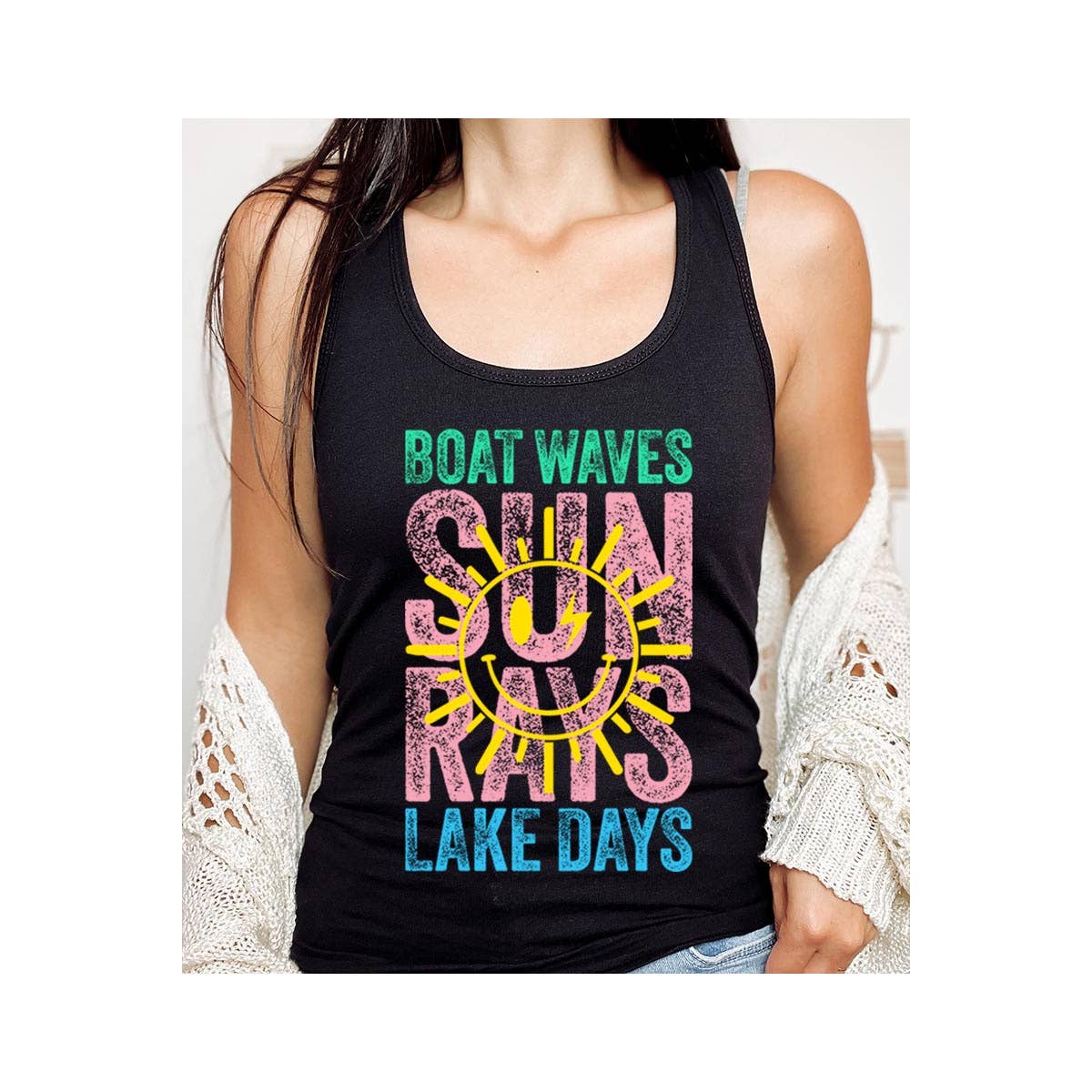 Boat Waves Sun Rays Graphic Tank Top