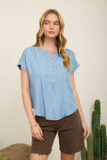 Chambray Henley Ruched Top