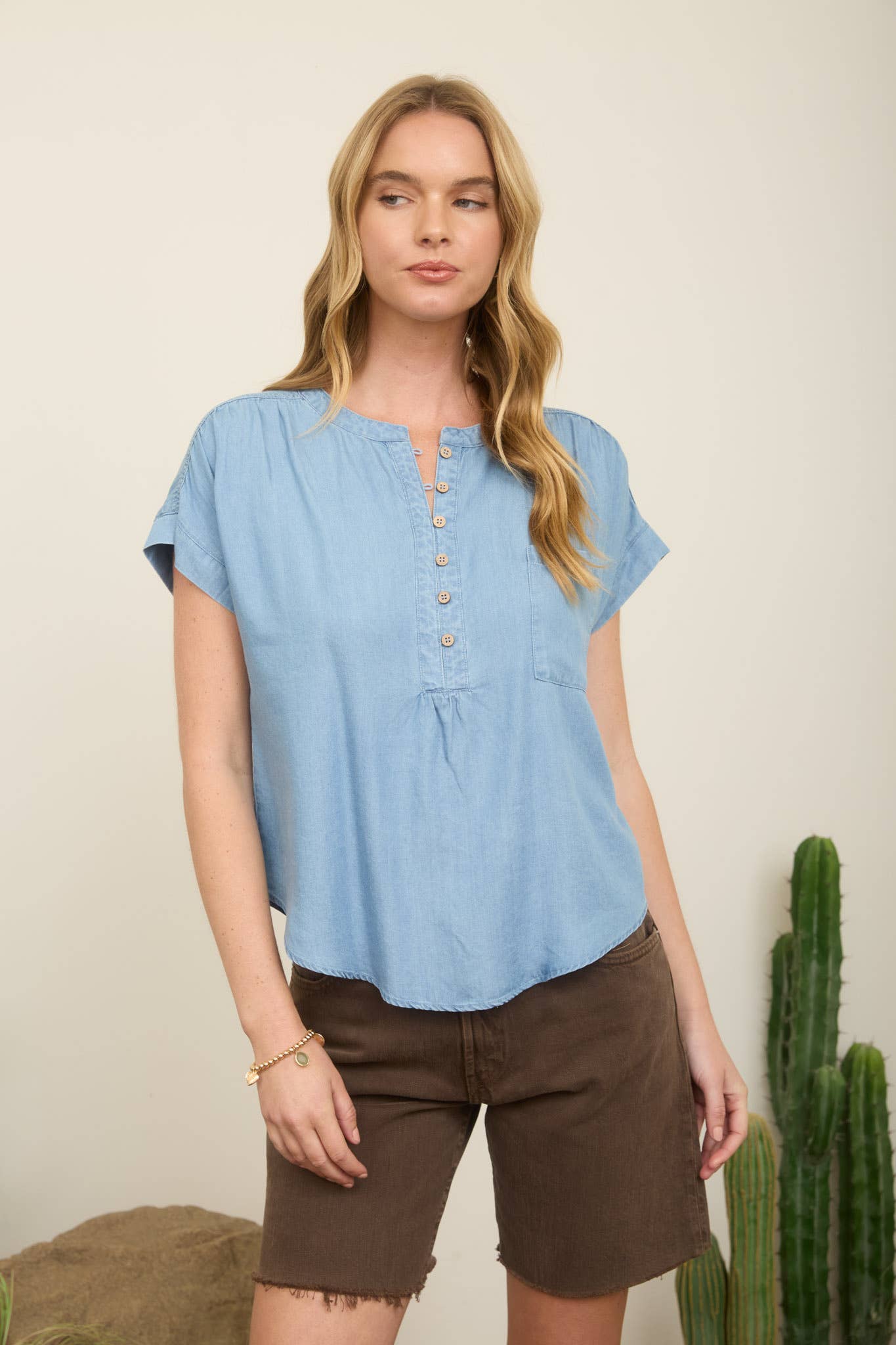 Chambray Henley Ruched Top