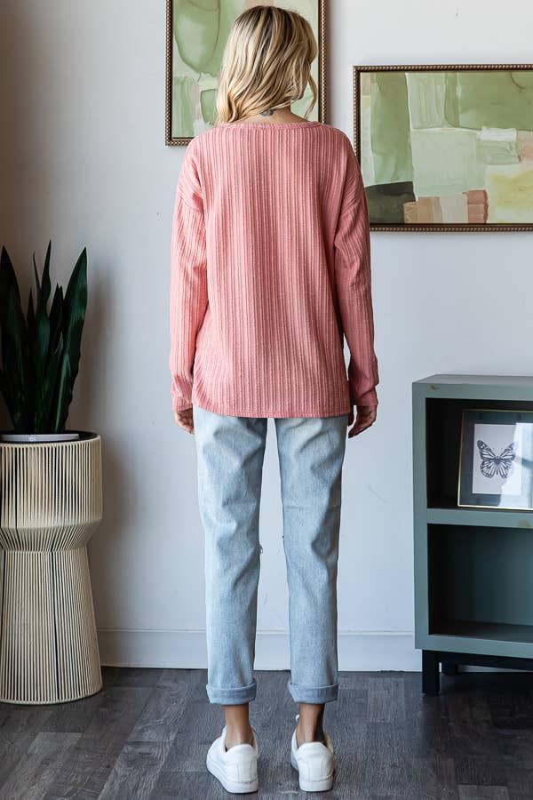 Textured V-Neck Women's Knit Top with Front Pocket