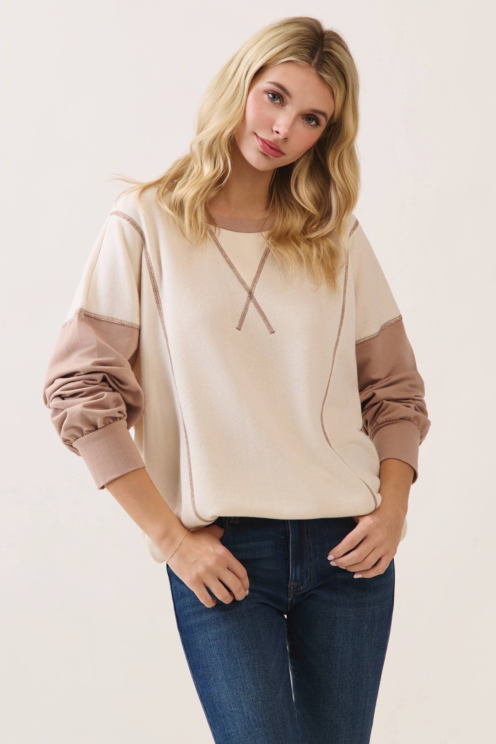 Color Block Contrast stitch pullover top
