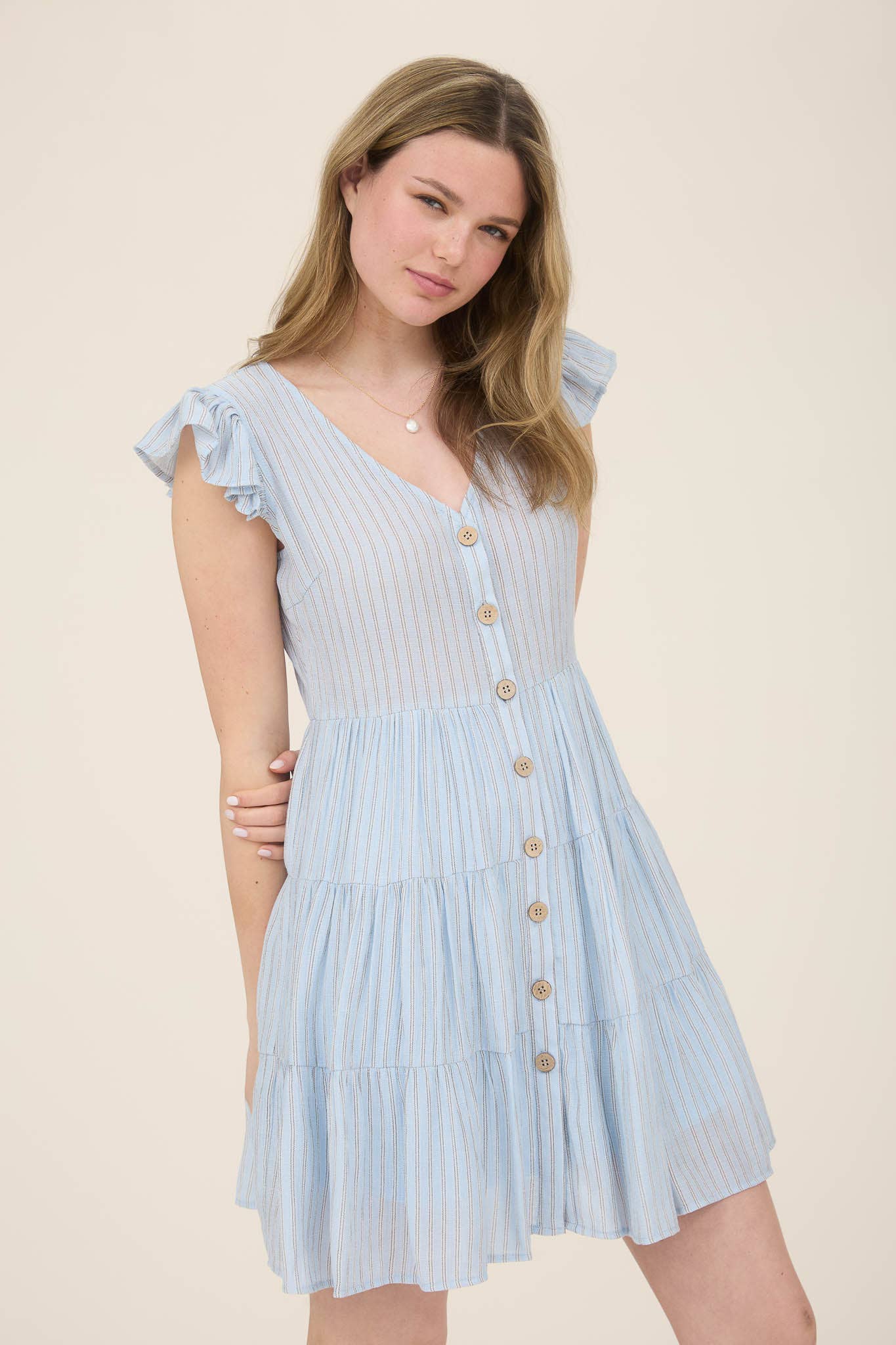 Stripe V Neck Tiered Dress