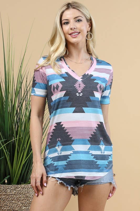 Aztec Print V Neck Top