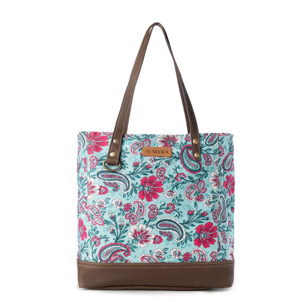 Pinkpaisley upcycled canvas Tote Bag for Women in pink with leather detail